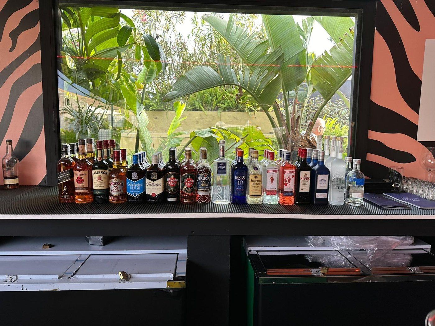 Barra de bar tropical del festival con botellas y lámparas rojas