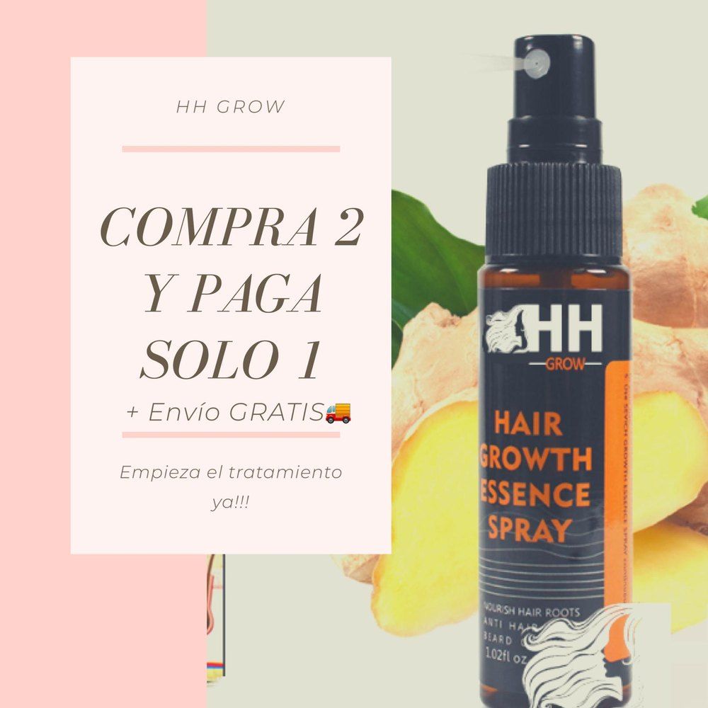 Anuncio de HH Grow: Compra 2 y paga solo 1, envío gratis, con un spray capilar sobre fondo rosa