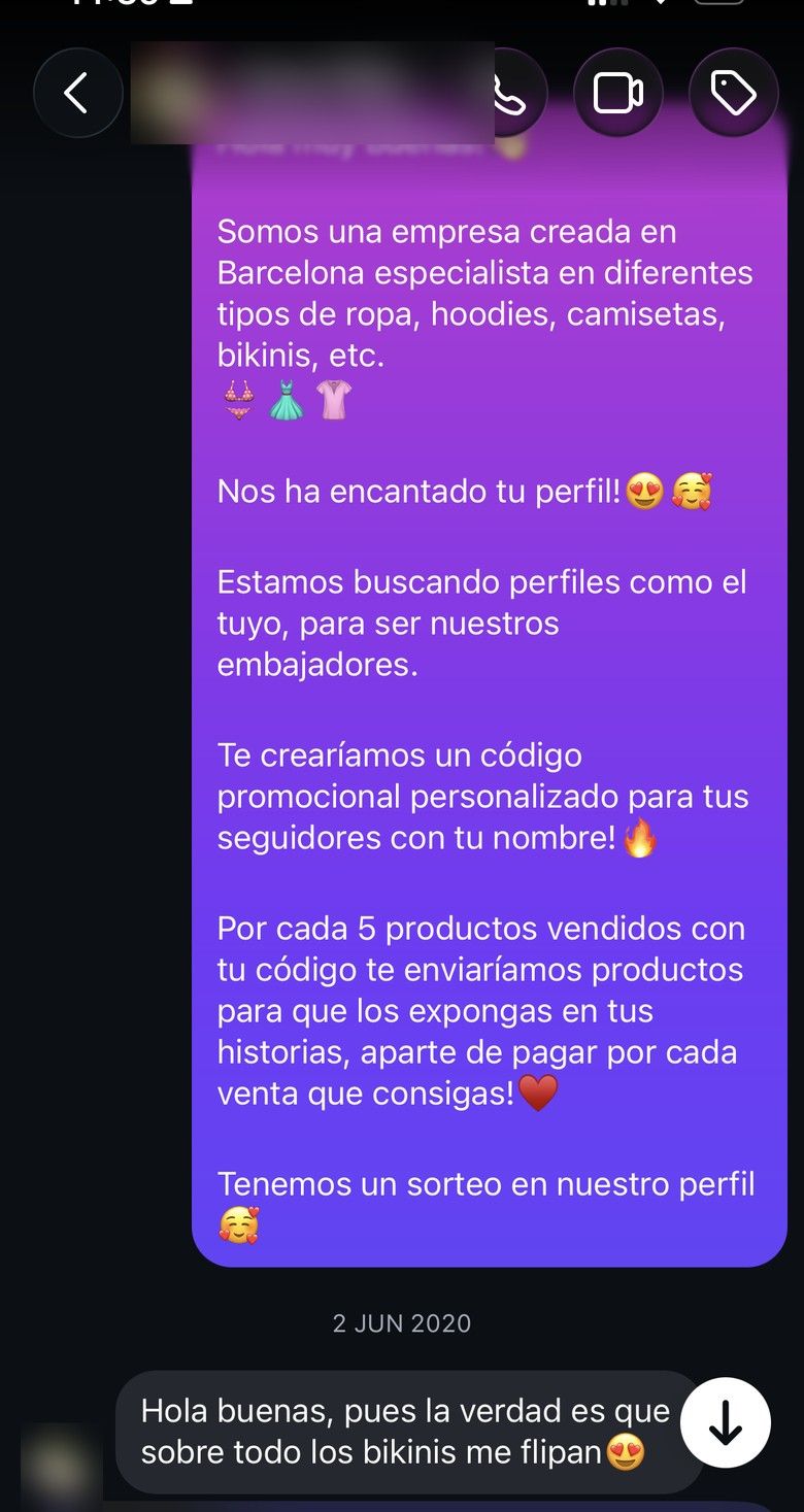 Mensaje de Larry Style a una posible embajadora, junio de 2020: código promocional con su nombre y productos gratis cada cinco ventas