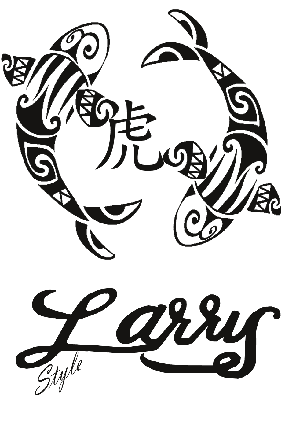 Logotipo de Larry Style: dos peces enfrentados con el carácter chino de tigre entre ellos y la palabra Larry en caligrafía