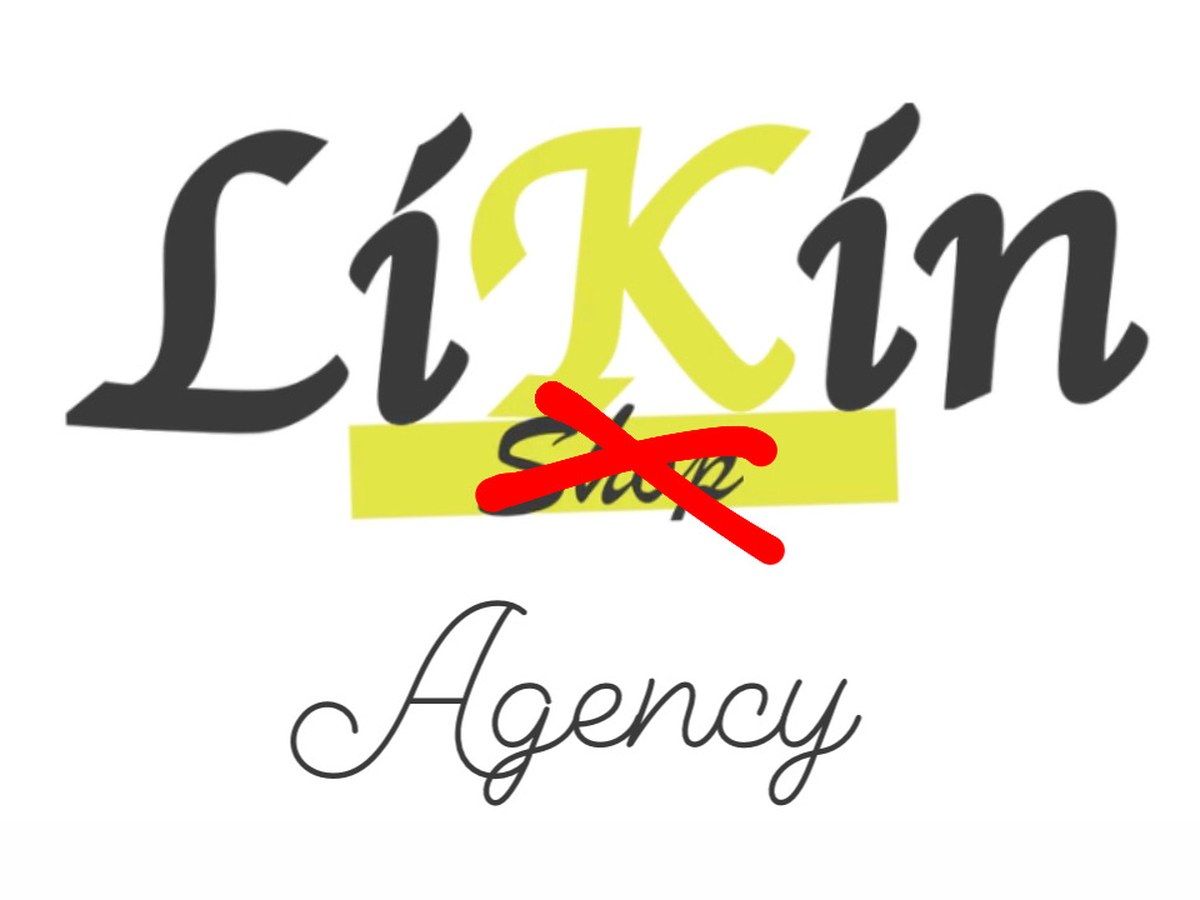 Fotografía del logotipo de LikinShop con la palabra Shop tachada con rotulador rojo y la palabra Agency escrita a mano debajo