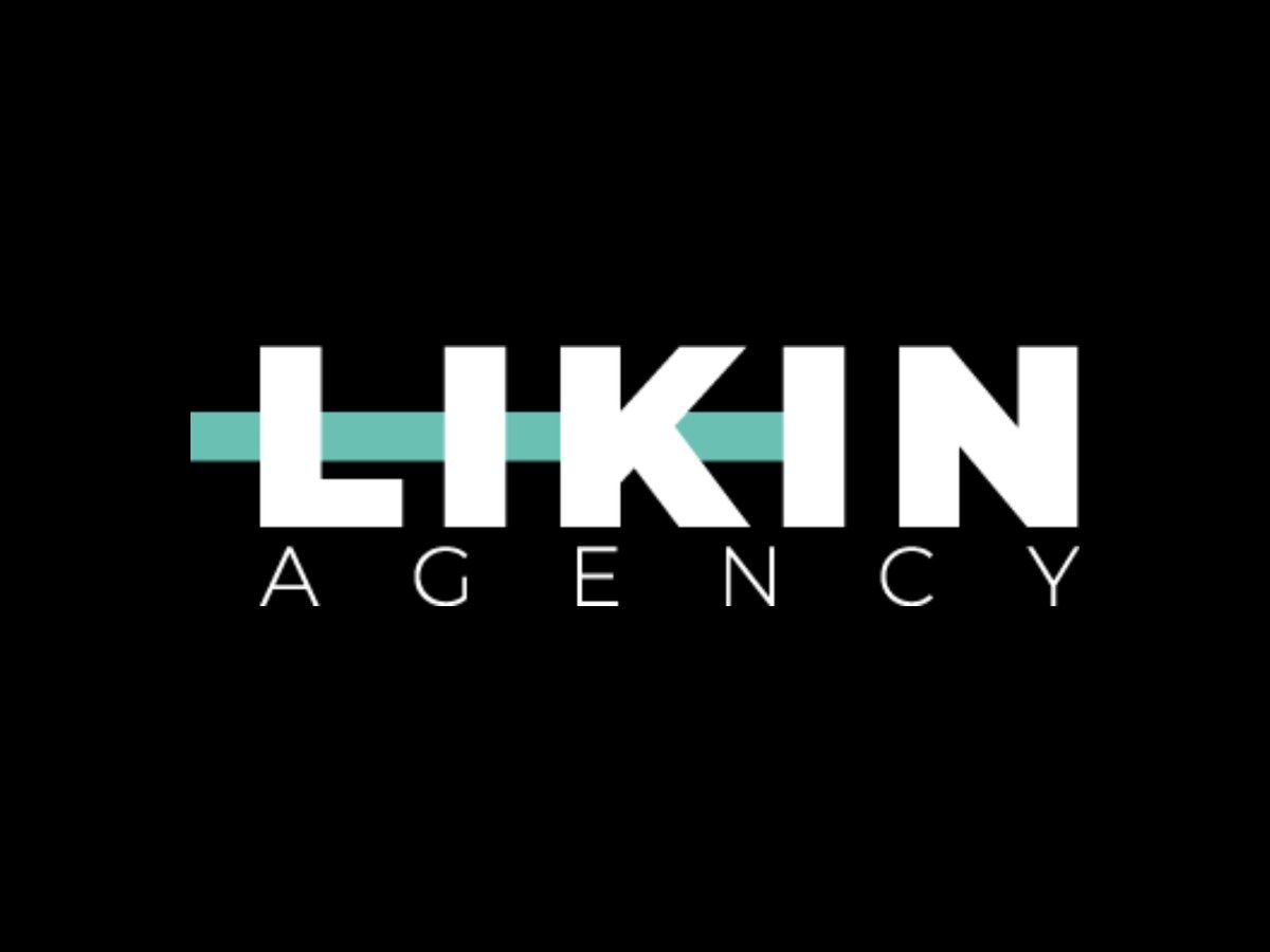Logotipo de Likin Agency en mayúsculas blancas con una línea verde