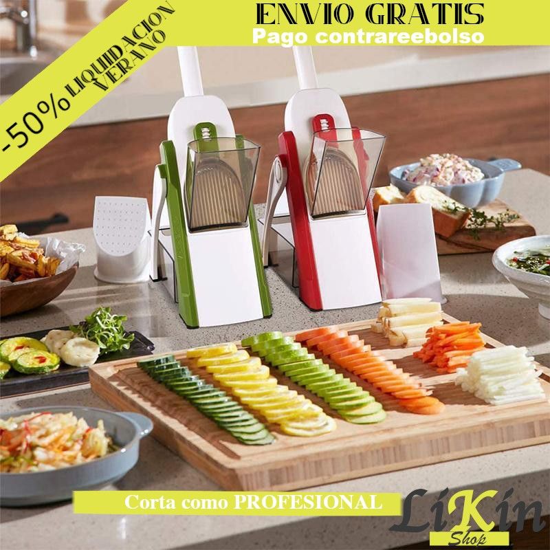 Anuncio de LikinShop: cortadores multiusos sobre una tabla con verduras cortadas, con los textos Envío gratis, pago contra reembolso y Corta como profesional
