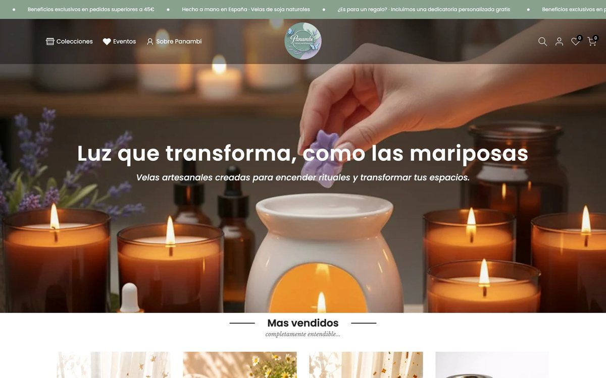 Página de inicio de la tienda online de Panambí Velas
